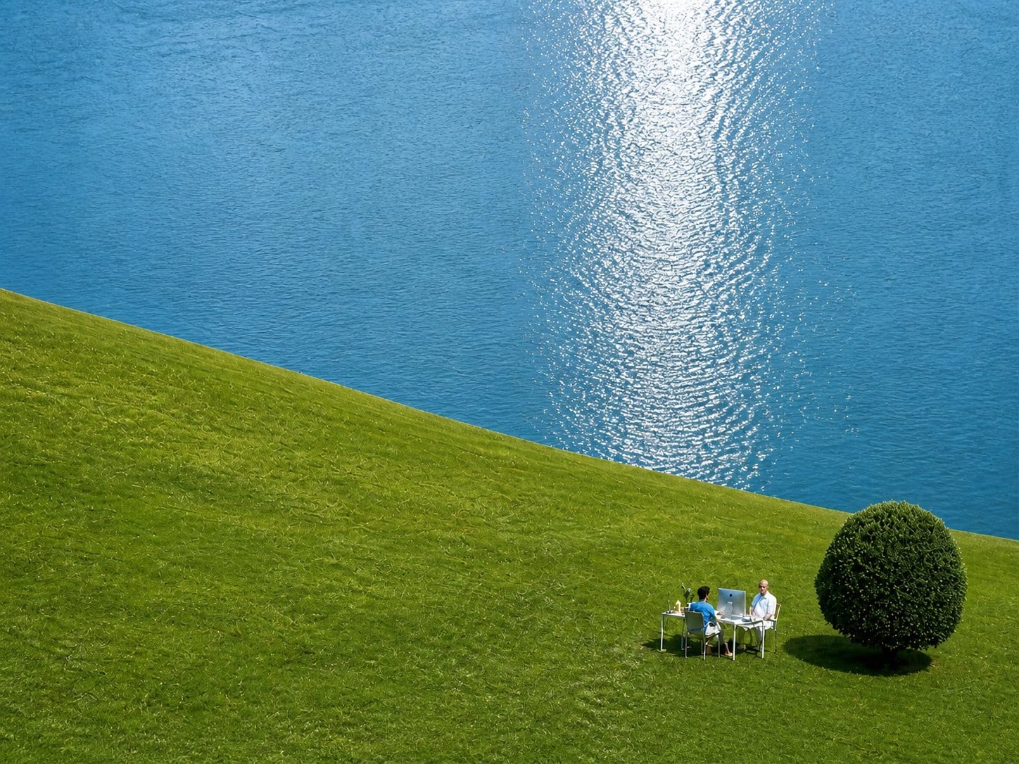 A grassy hillside meeting calm water